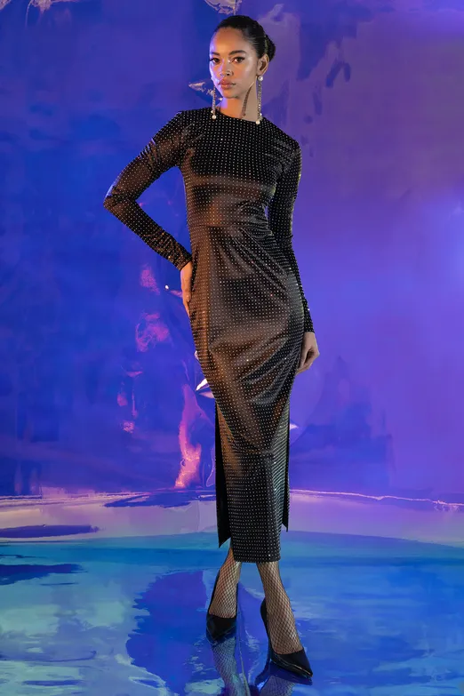 Bayan Siyah Işıltılı Midi Kalem Elbise - BSL