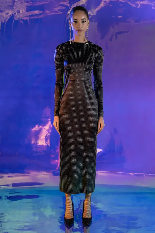 Bayan Siyah Işıltılı Midi Kalem Elbise - BSL