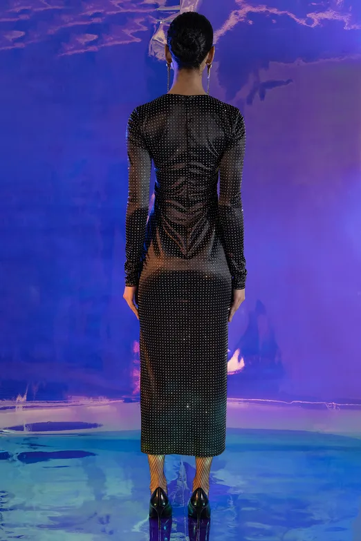 Bayan Siyah Işıltılı Midi Kalem Elbise - BSL