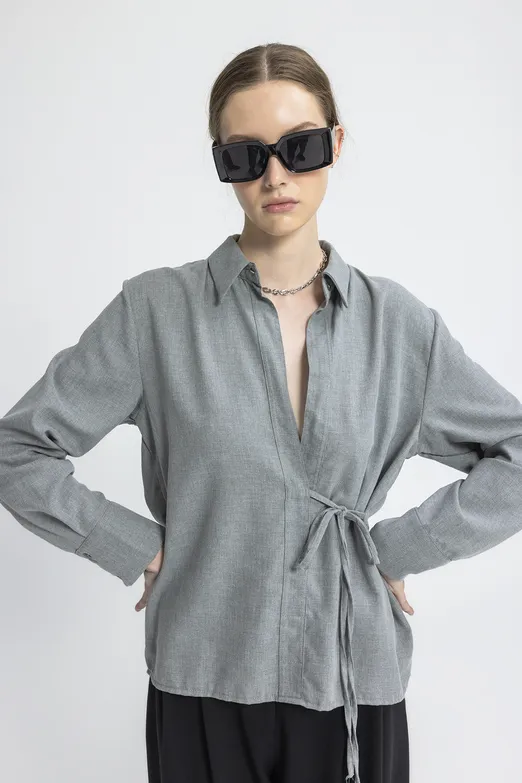 Bayan Gri Bağlama Detaylı Gömlek - BSL