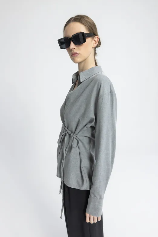 Bayan Gri Bağlama Detaylı Gömlek - BSL