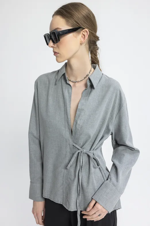 Bayan Gri Bağlama Detaylı Gömlek - BSL