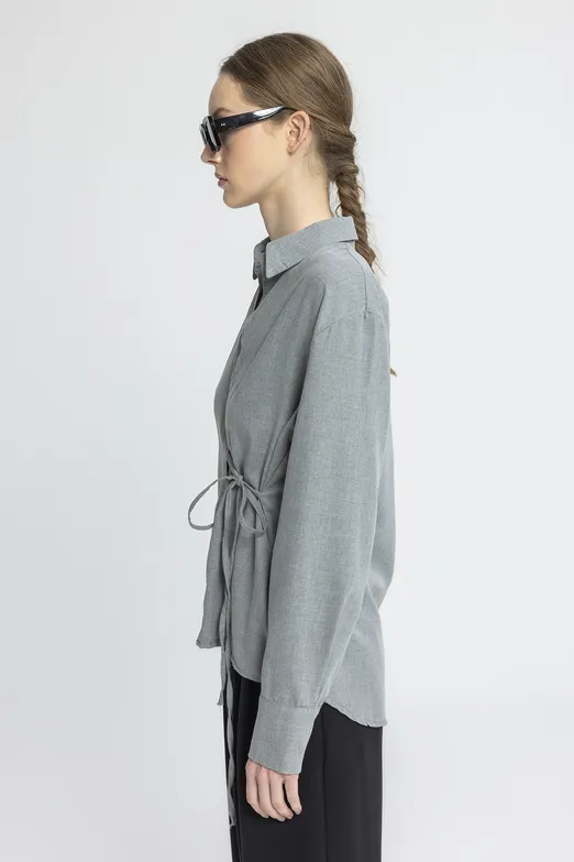 Bayan Gri Bağlama Detaylı Gömlek - BSL