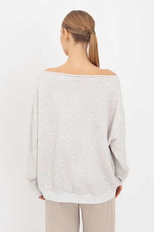 Bayan Gri Baskılı Kayık Yakalı Sweatshirt - BSL
