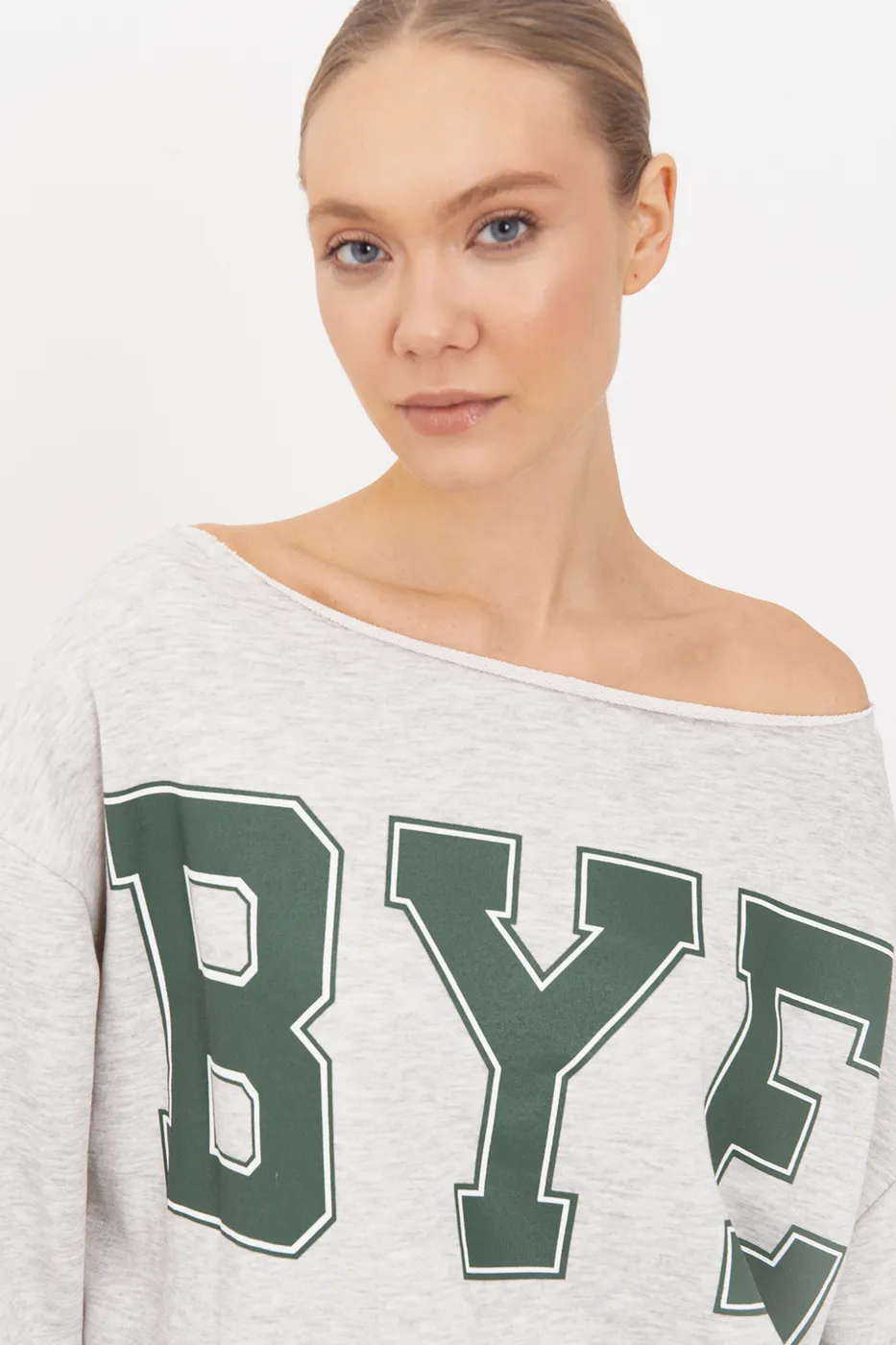 Bayan Gri Baskılı Kayık Yakalı Sweatshirt