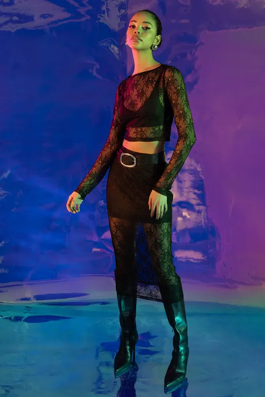 Bayan Siyah Licralı Midi Dantel Kalem Etek - BSL