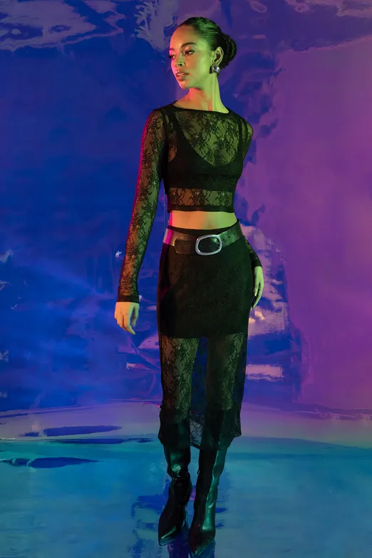 Bayan Siyah Licralı Midi Dantel Kalem Etek - BSL