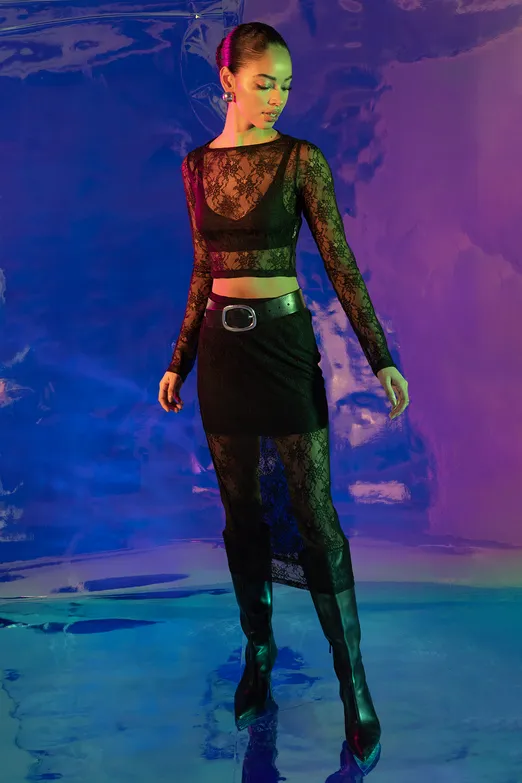 Bayan Siyah Licralı Midi Dantel Kalem Etek - BSL