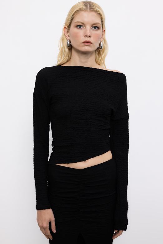 Bayan  Asimetrik Kesimli Etek Ucu Detaylı Dokulu Top