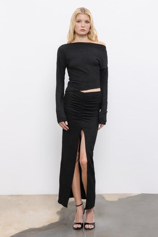 Bayan  Büzgülü Dokulu Midi Etek