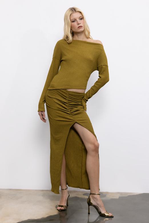 Bayan  Büzgülü Dokulu Midi Etek