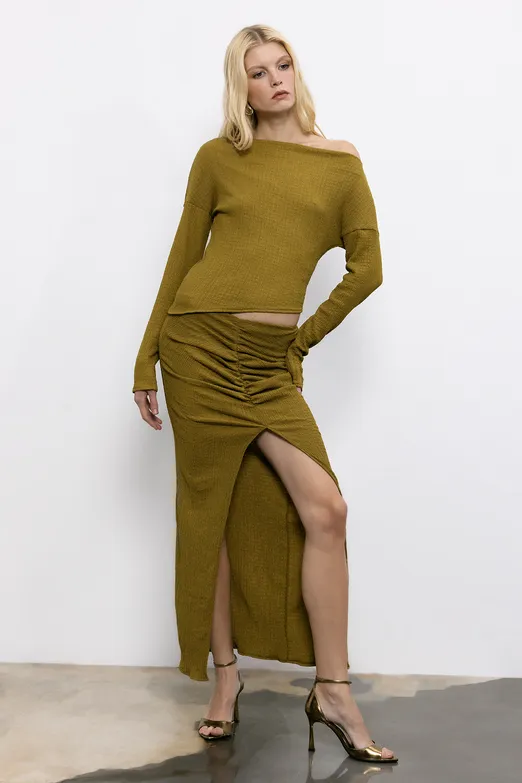 Bayan Yeşil Büzgülü Dokulu Midi Etek - BSL