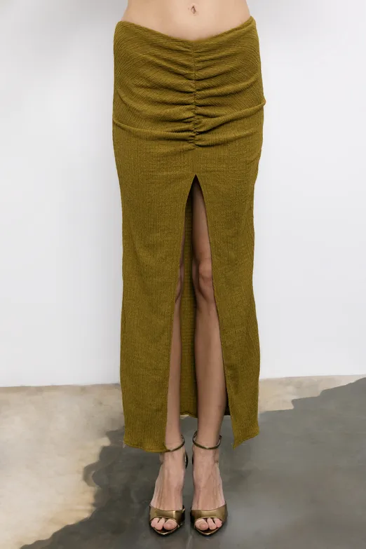 Bayan Yeşil Büzgülü Dokulu Midi Etek - BSL