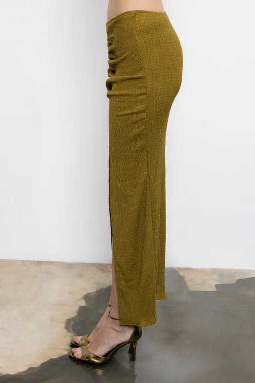 Bayan Yeşil Büzgülü Dokulu Midi Etek - BSL