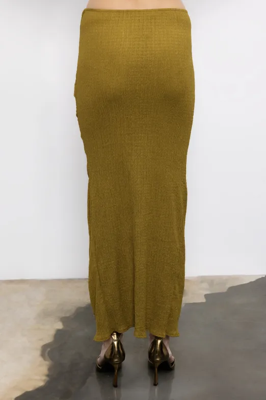 Bayan Yeşil Büzgülü Dokulu Midi Etek - BSL