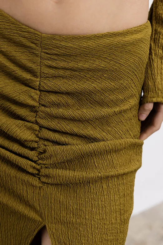 Bayan Yeşil Büzgülü Dokulu Midi Etek - BSL