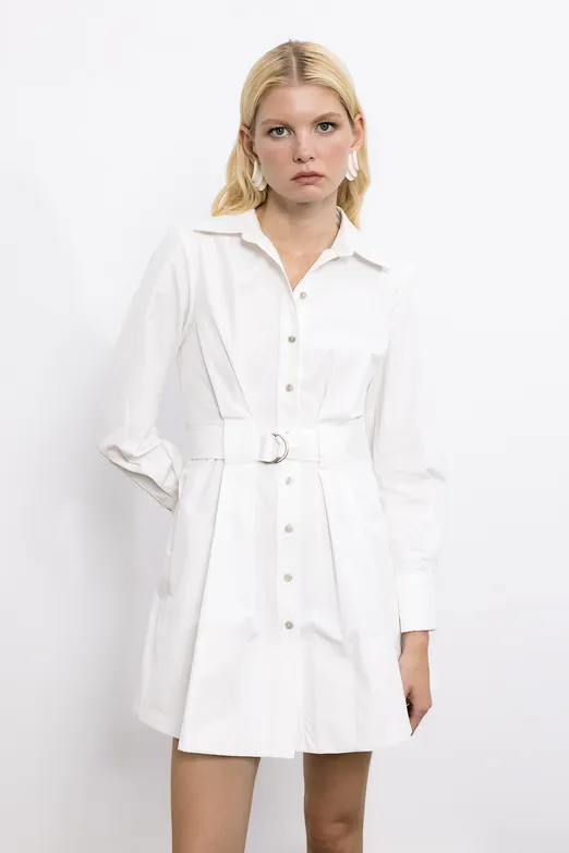 Bayan Beyaz %100 Cotton Mini Gömlek Elbise - BSL