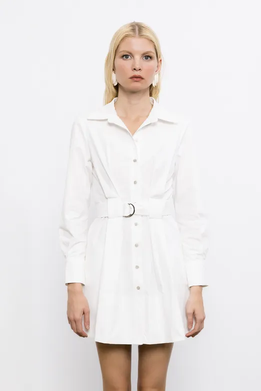 Bayan Beyaz %100 Cotton Mini Gömlek Elbise - BSL
