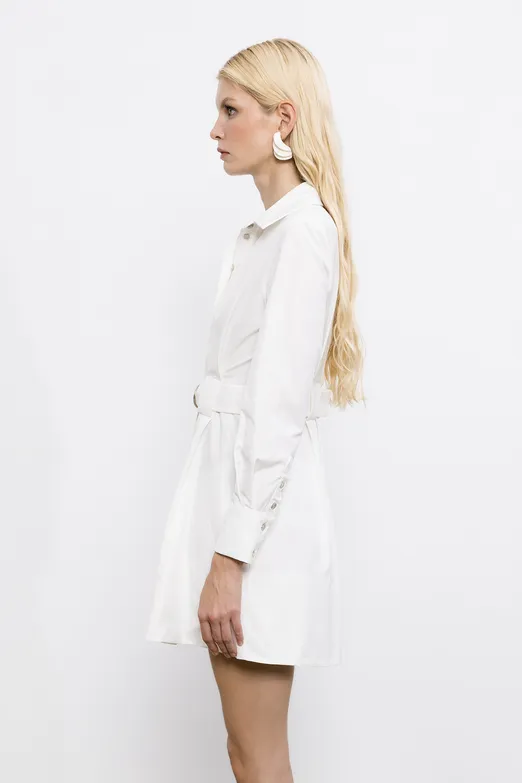 Bayan Beyaz %100 Cotton Mini Gömlek Elbise - BSL