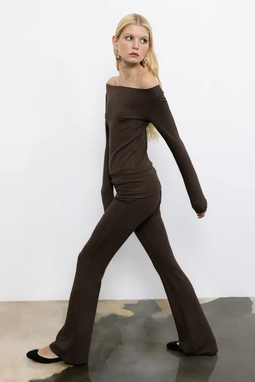 Bayan Kahverengi İspanyol Paça Slim Fit  Pantolon - BSL