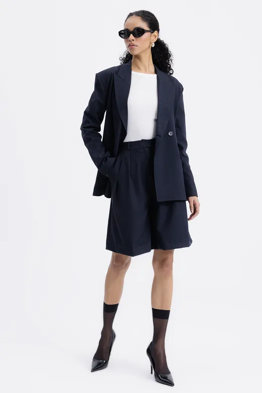 Bayan Lacivert Pileli Bermuda Şort - BSL