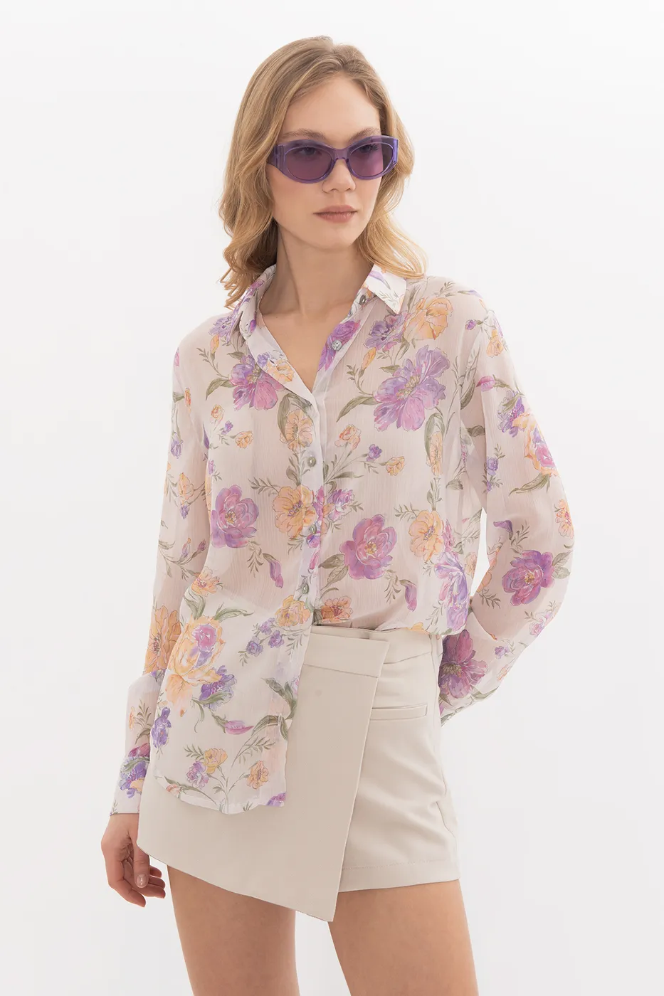 Bayan Ekru Desenli Şifon Gömlek