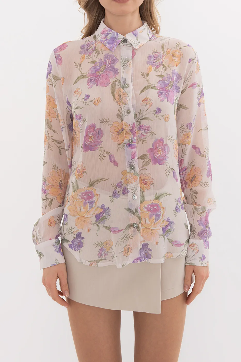 Bayan Ekru Desenli Şifon Gömlek