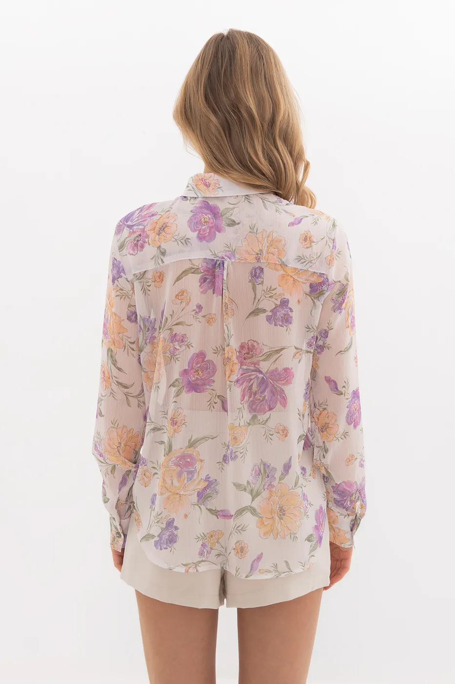 Bayan Ekru Desenli Şifon Gömlek