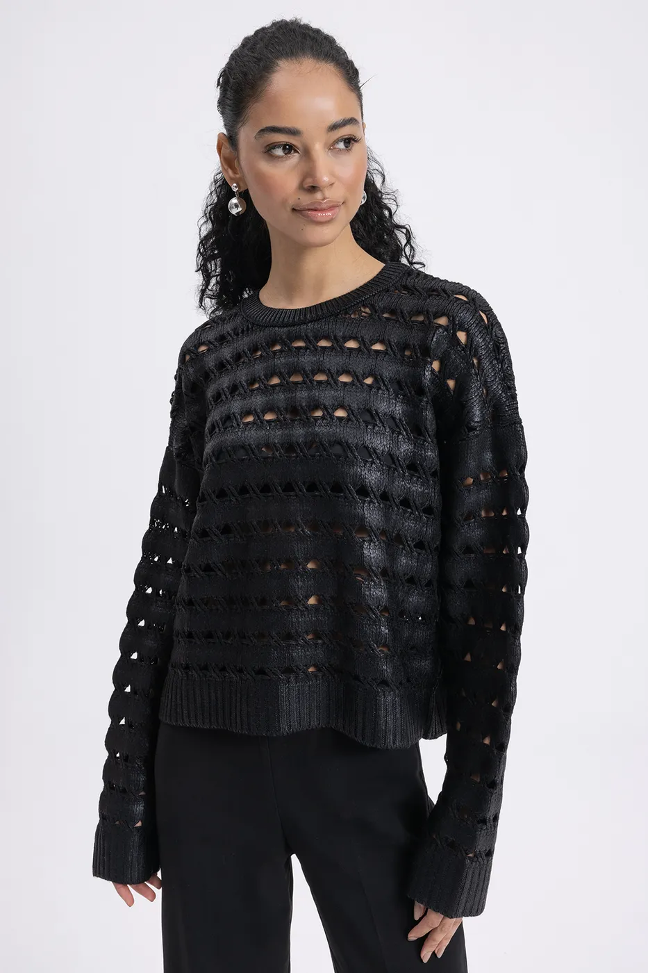 Bayan Siyah Varaklı Ajurlu Oversize Kazak