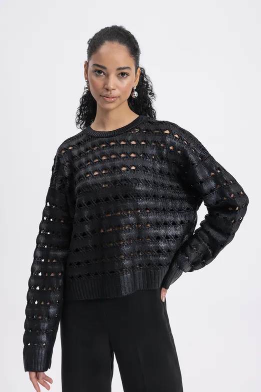 Bayan Siyah Varaklı Ajurlu Oversize Kazak - BSL