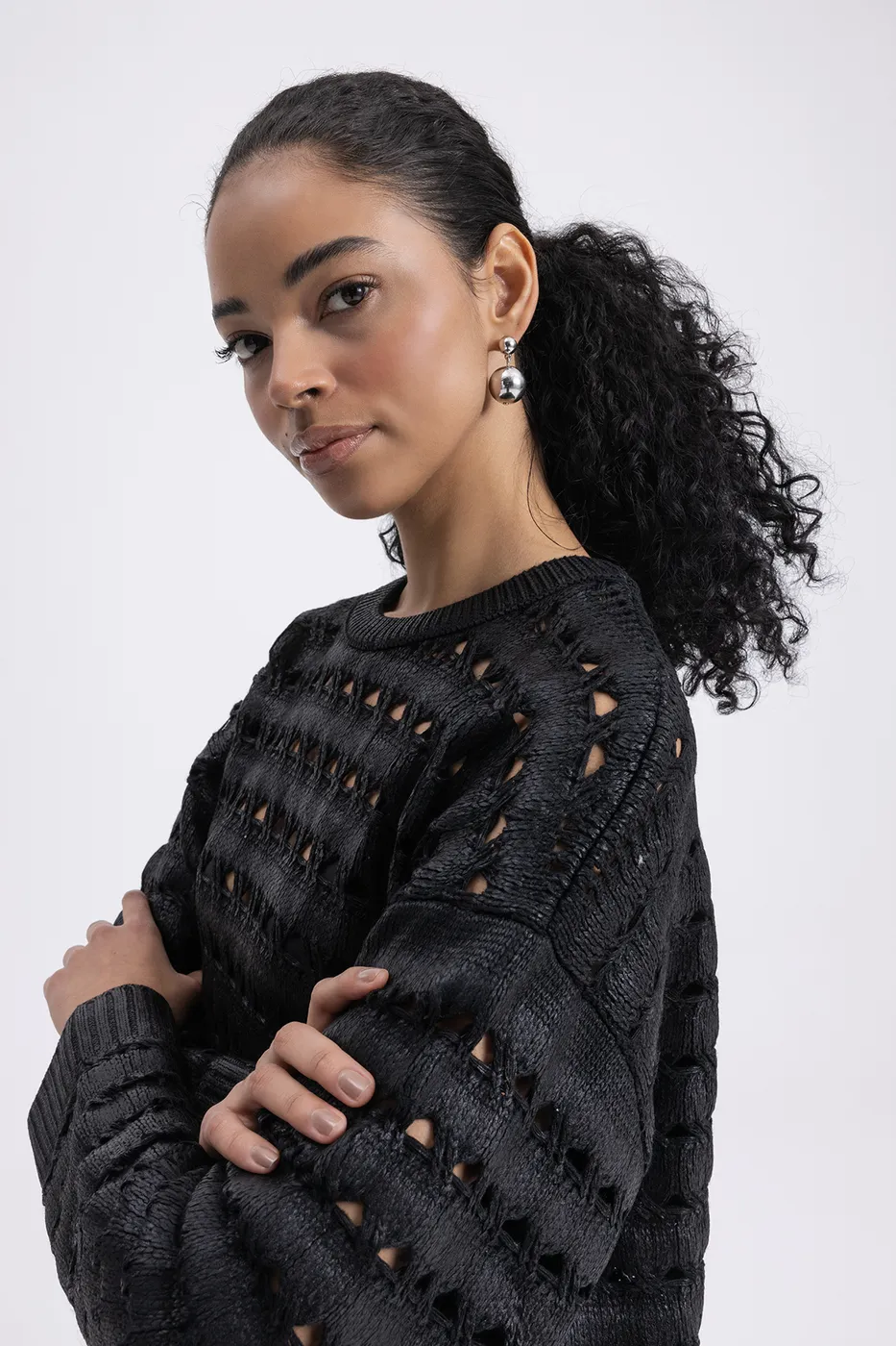 Bayan Siyah Varaklı Ajurlu Oversize Kazak