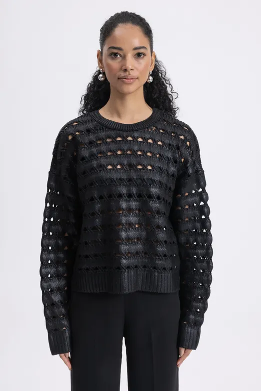 Bayan Siyah Varaklı Ajurlu Oversize Kazak - BSL