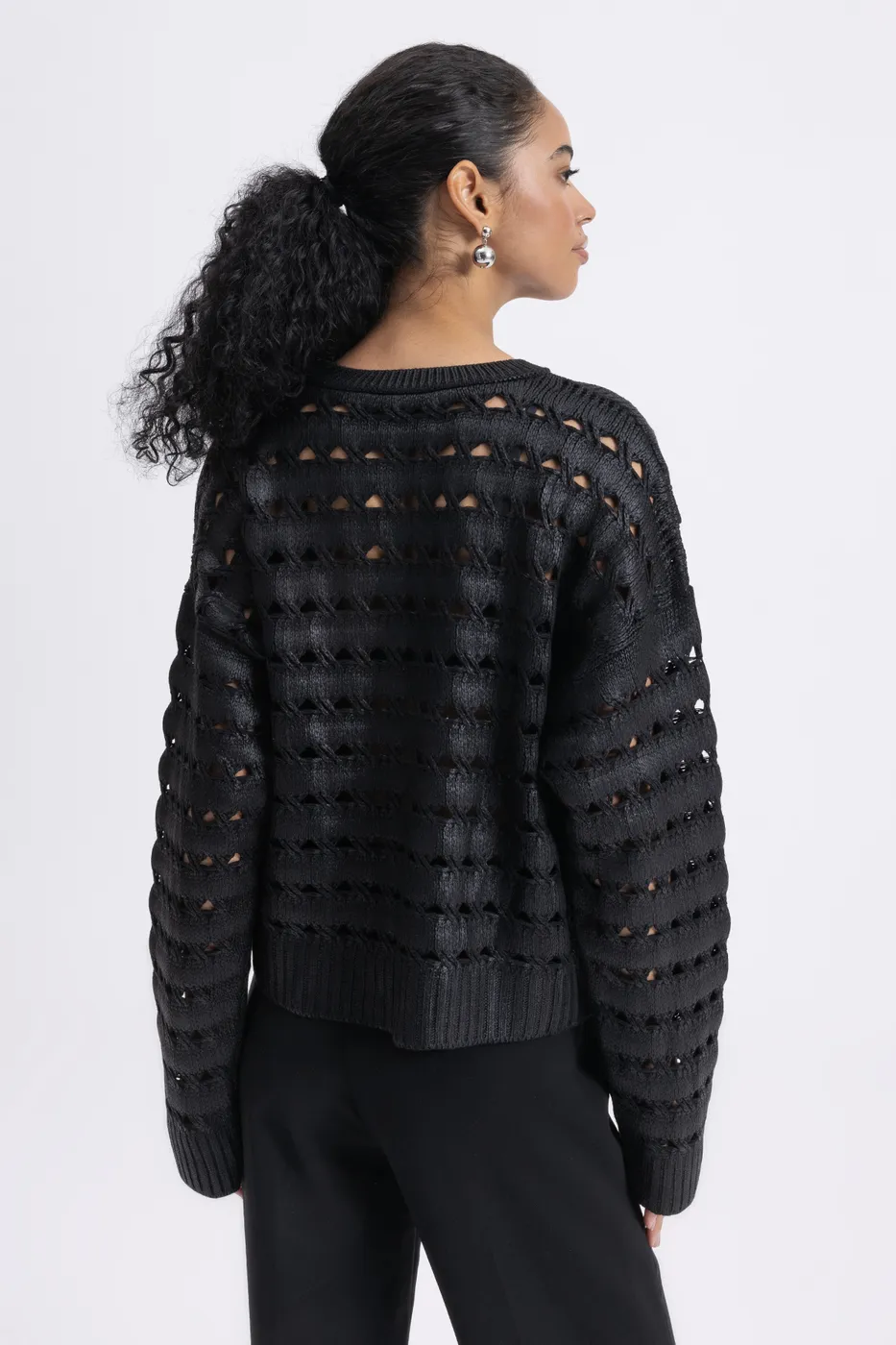 Bayan Siyah Varaklı Ajurlu Oversize Kazak