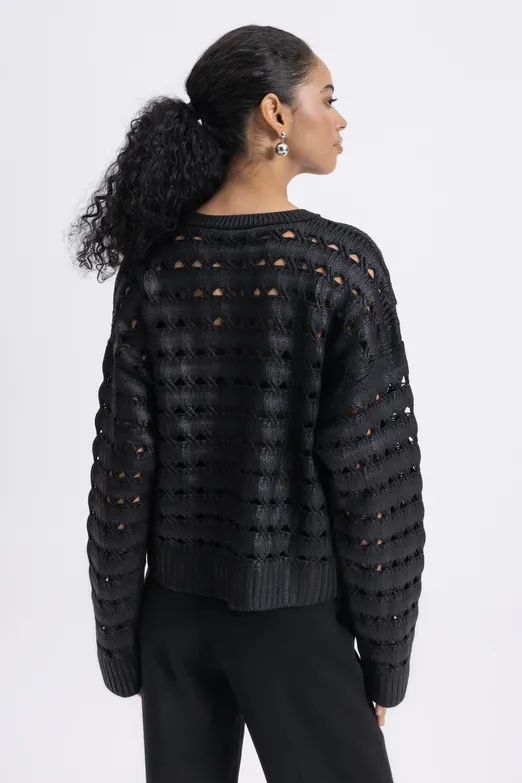 Bayan Siyah Varaklı Ajurlu Oversize Kazak - BSL