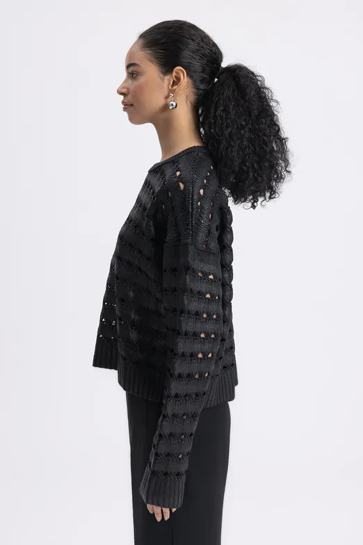 Bayan Siyah Varaklı Ajurlu Oversize Kazak - BSL