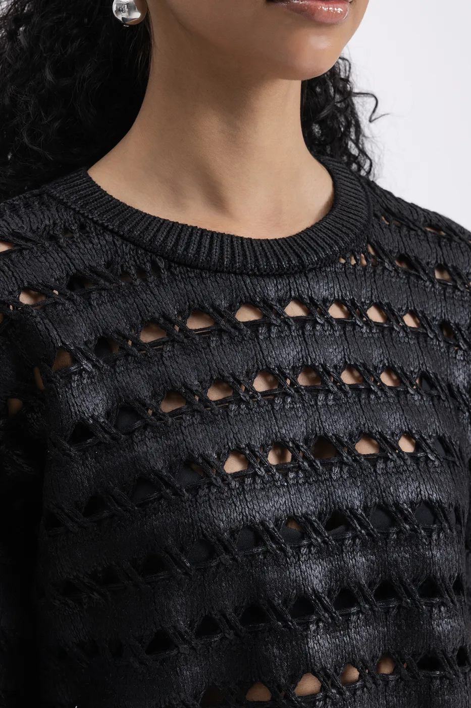 Bayan Siyah Varaklı Ajurlu Oversize Kazak