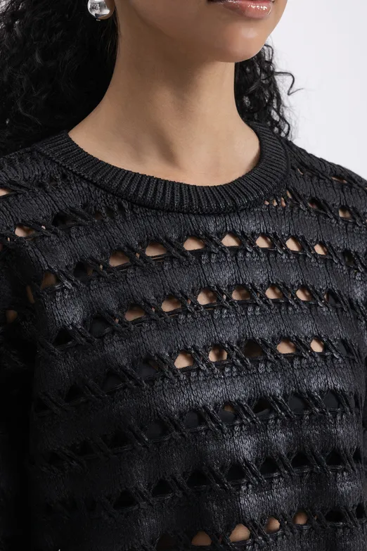 Bayan Siyah Varaklı Ajurlu Oversize Kazak - BSL