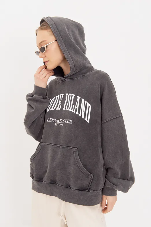 Bayan Antrasit Yıkamalı Baskılı  Kapüşonlu Oversize Sweatshirt - BSL