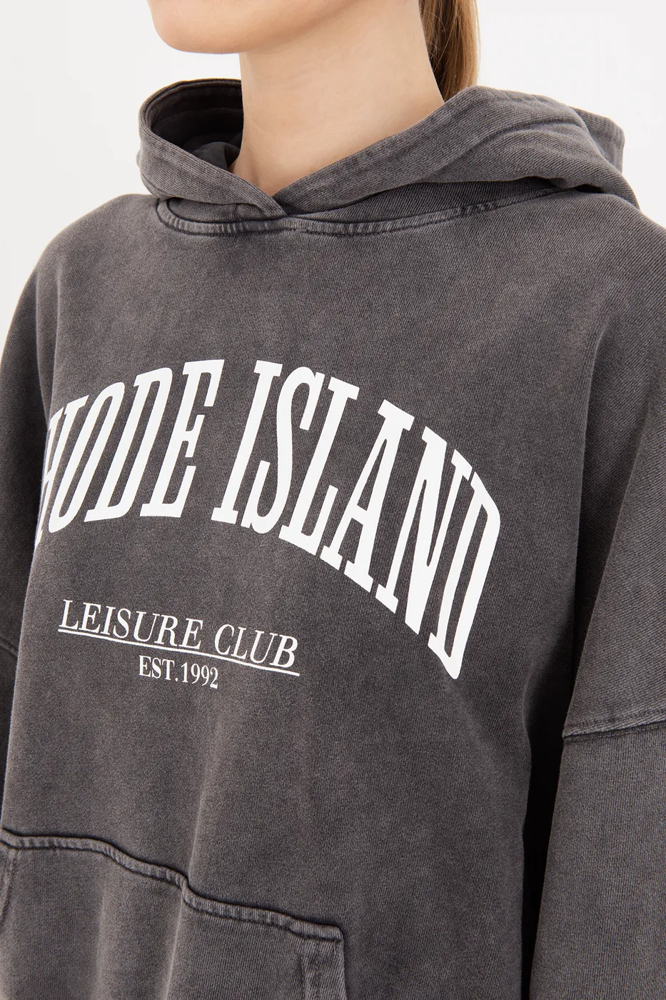 Bayan Antrasit Yıkamalı Baskılı  Kapüşonlu Oversize Sweatshirt