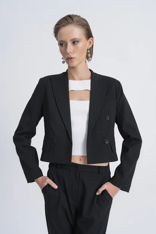 Bayan Siyah Crop Blazer Ceket - BSL