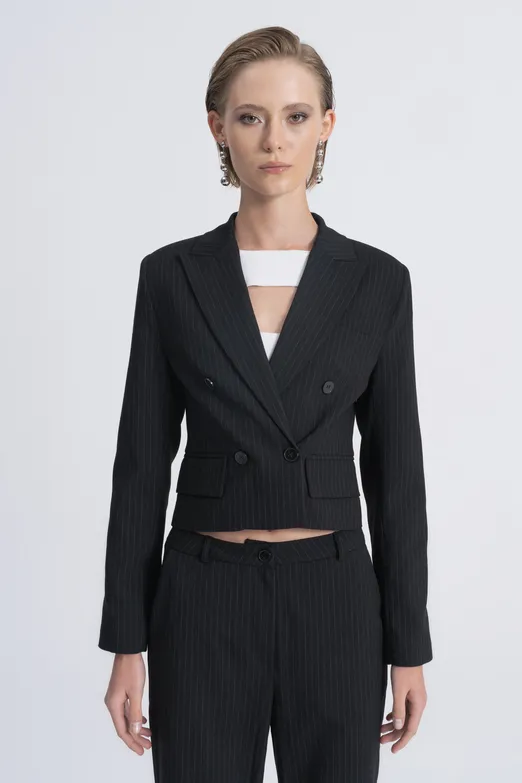 Bayan Siyah Crop Blazer Ceket - BSL