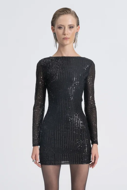 Bayan Siyah Pulpayet Detaylı Mini Elbise - BSL