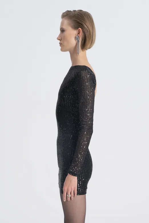 Bayan Siyah Pulpayet Detaylı Mini Elbise - BSL