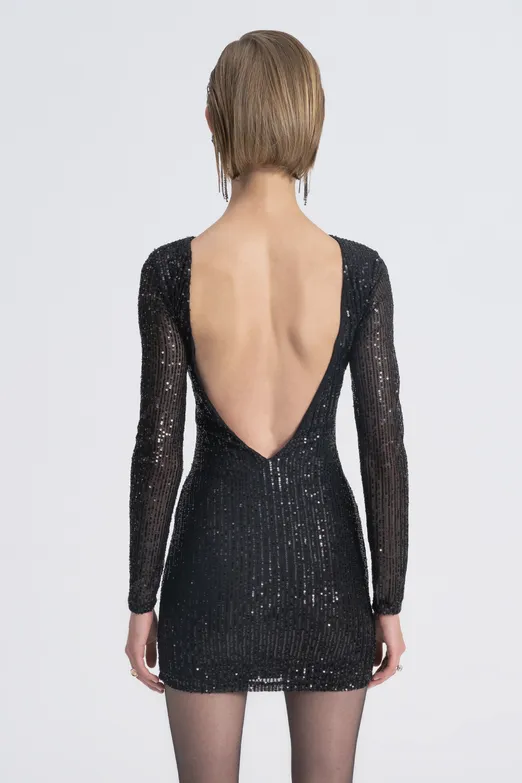 Bayan Siyah Pulpayet Detaylı Mini Elbise - BSL