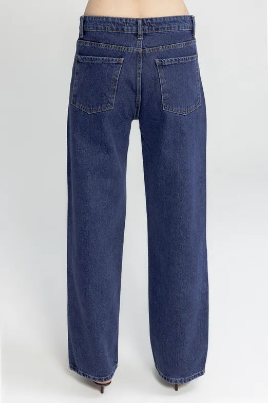 Bayan Lacivert Düz Kesim Denim Pantolon - BSL