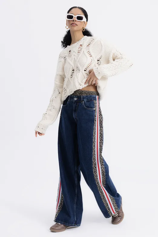 Bayan Mavi Boxer Detaylı Yan Şeritli Denim Pantolon - BSL