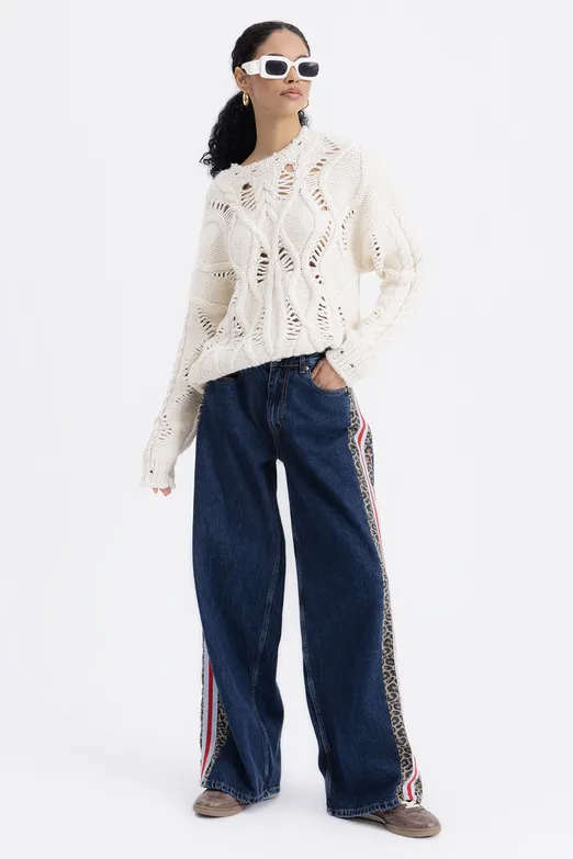 Bayan Mavi Boxer Detaylı Yan Şeritli Denim Pantolon - BSL