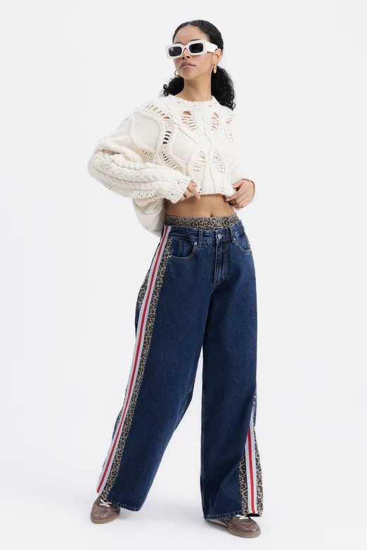 Bayan Mavi Boxer Detaylı Yan Şeritli Denim Pantolon - BSL