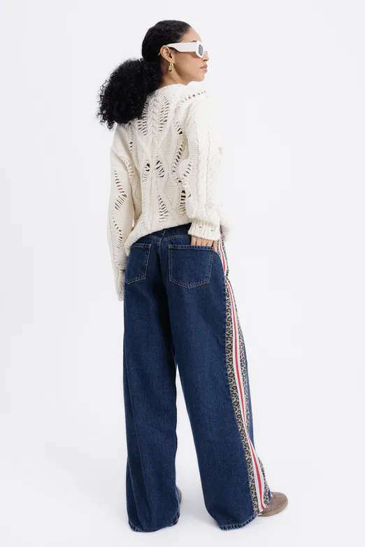 Bayan Mavi Boxer Detaylı Yan Şeritli Denim Pantolon - BSL