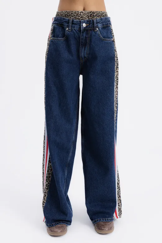 Bayan Mavi Boxer Detaylı Yan Şeritli Denim Pantolon - BSL